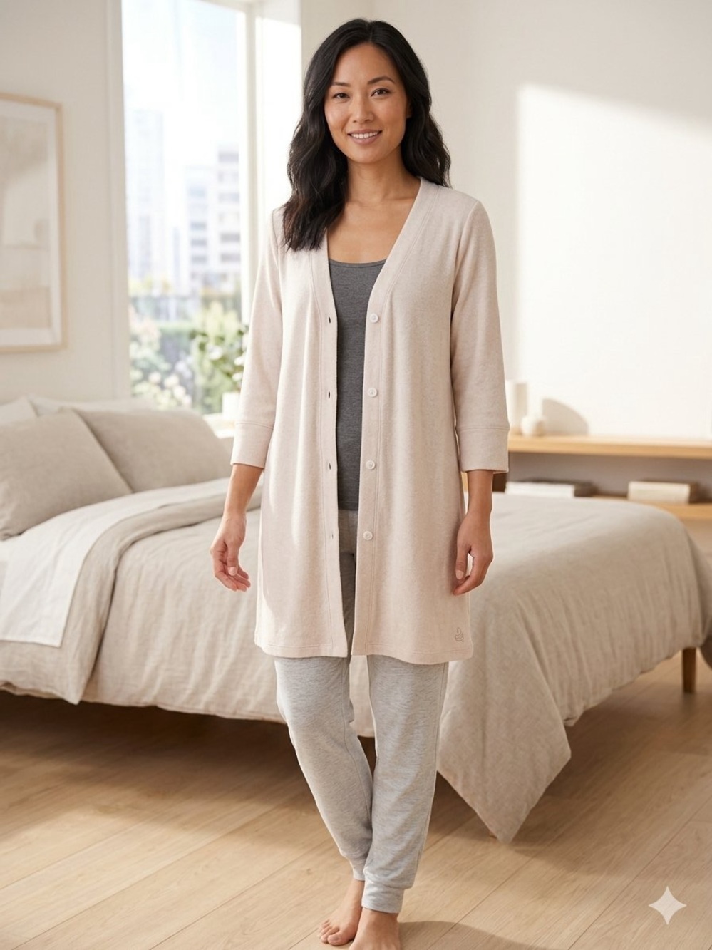 Cuddl Duds Longline Button-Front Lounge Cardigan - Light Beige